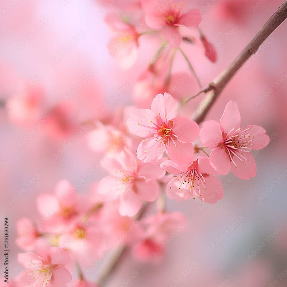 Obraz premium Blooming Beauty: Captivating close-up of delicate pink cherry blossoms on a branch, showcasing intricate details and soft hues, evoking a sense of springtime serenity and natural elegance.