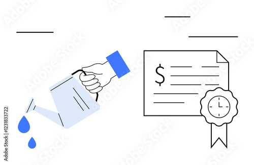 Hand pouring water drops from a watering can onto a financial certificate with a ribbon. Ideal for investment, financial growth, savings, wealth management, business success, nurturing future