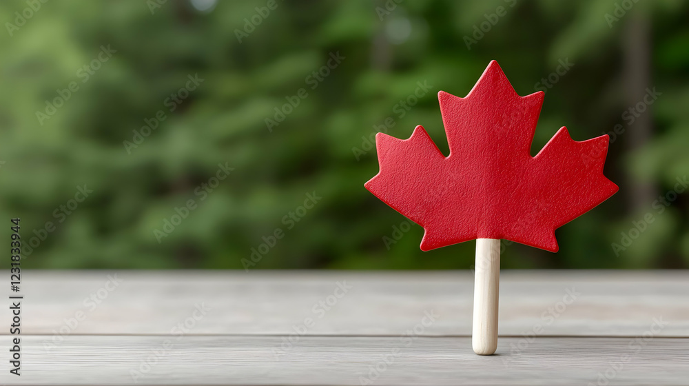 Red maple leaf on wood, green forest backdrop. Canada Day celebration