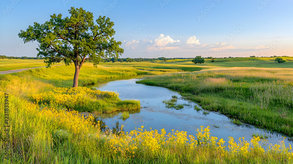 Fototapeta premium Prairie landscape, tree, stream, sunset, tranquil nature scene, pastoral
