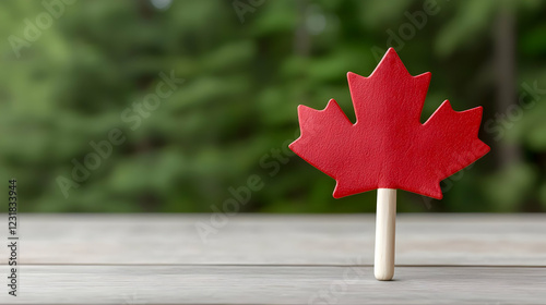 Obraz na płótnie Red maple leaf on wood, green forest backdrop. Canada Day celebration w salonie