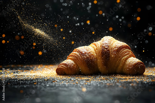 Golden Croissant, Sprinkle Burst, Dark Background, Food Photography photo