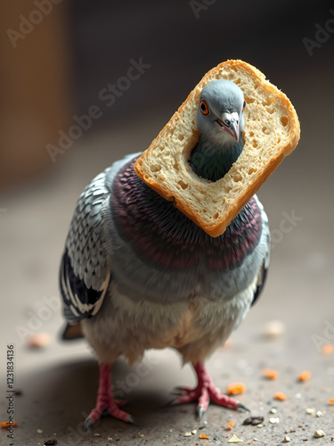 Piece of bread with hole was put around pigeon's neck by playful children. Food is always with dove now. Comic concept: all that is mine with me all the time (base needs-base requests) photo