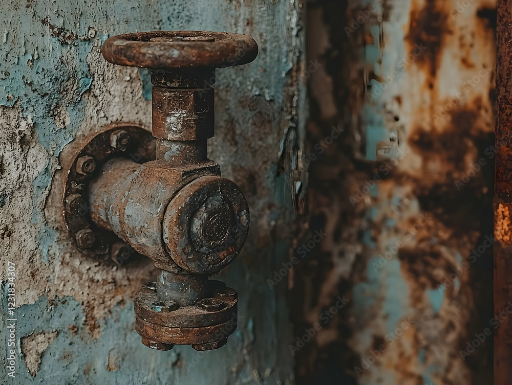 Rusty valve on weathered wall, industrial backdrop Rusty valve on weathered wall, industrial backdrop