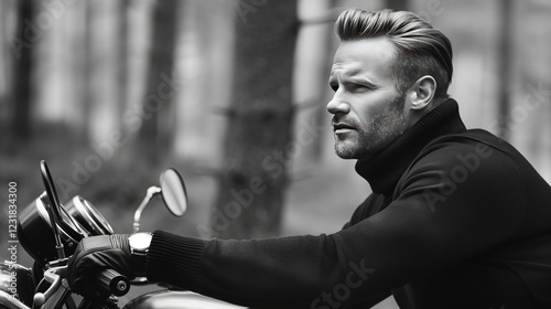 A black-and-white portrait of a confident man riding a motorcycle in a forest, exuding adventure and masculinity photo