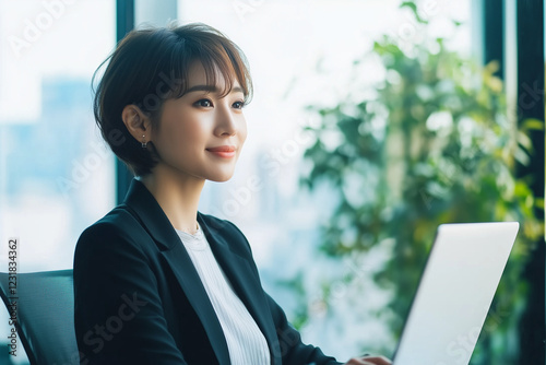 オフィスでスーツを着て仕事をするアジア人女性