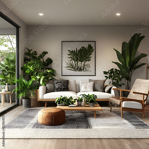Interior Oasis: A contemporary living space with natural light, adorned with lush green plants, creating a serene and inviting atmosphere, the perfect blend of modern design and natural elements.