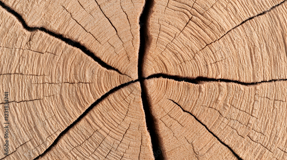 Fototapeta premium Cross-section tree trunk, growth rings, cracks, nature texture