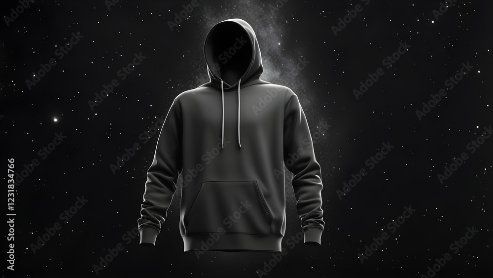 Fototapeta premium Dark gray hooded sweatshirt mockup against a starry night sky background.