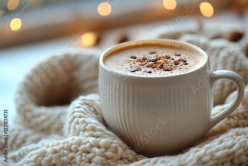 A cozy scene featuring a steaming cup of coffee nestled in a soft knit blanket, perfect for chilly days and relaxing moments by the window. photo