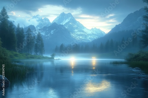 A peaceful mountain landscape with a glowing lake and river, reflecting the soft light of the twilight sky.