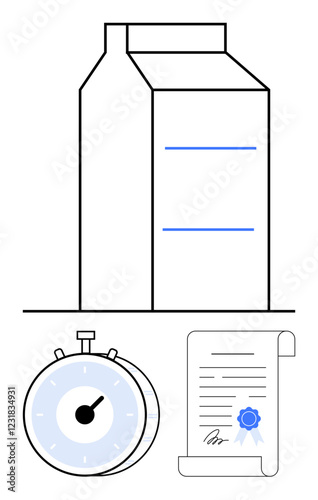 Milk carton, stopwatch, and certified document with seal. Ideal for quality control, time management, certifications, dairy industry, productivity trust and product standards. Abstract line flat