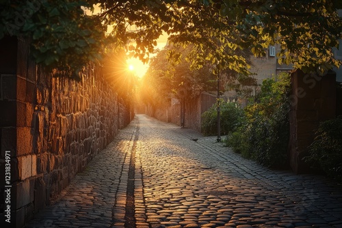 A peaceful street at sunrise, with the first light of day casting a golden glow on ancient walls and cobblestone paths.