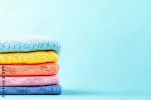 Colorful knitted sweaters stacked on pastel background