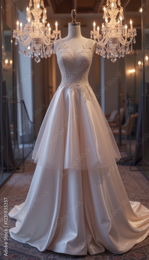 Exquisite white gown with layered skirt and intricate lace details on mannequin in a lavish room Exquisite white gown with layered skirt and intricate lace details on mannequin in a lavish room