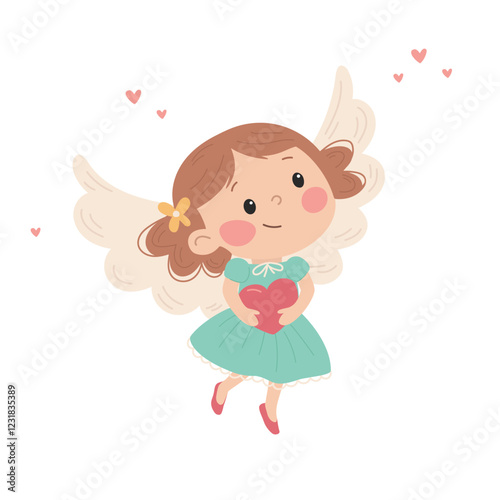 Cute fairy princess with heart and wings vector Illustration on a white background