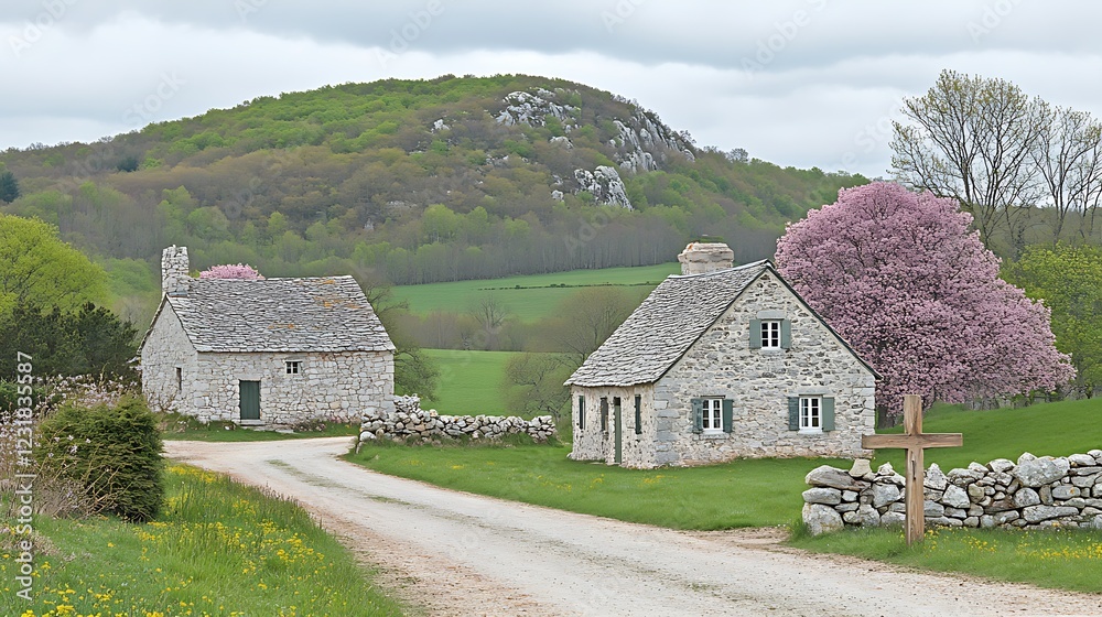 Obraz premium A rural stone church with a rustic wooden cross in front, surrounded by spring blossoms
