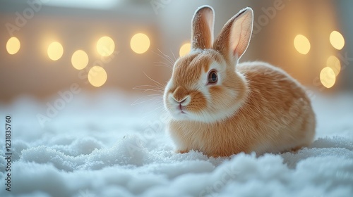 Cute bunny resting snow, winter lights, holiday card photo