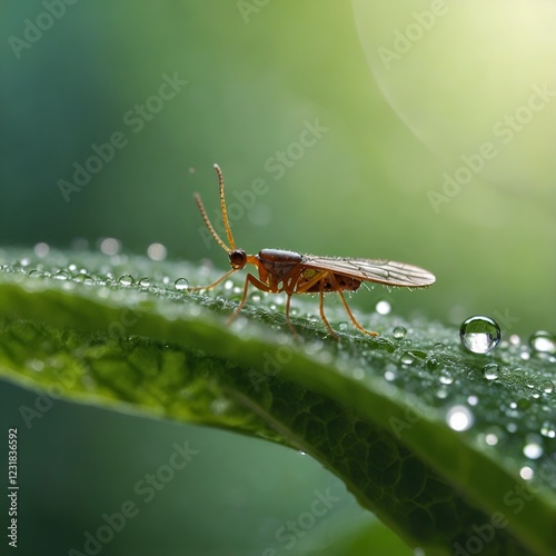 macro photography, ultra high resolution, 8K image, micro animal, tiny insect, close-up nature, dew drops, green leaf, extreme detail, high-definition wildlife, macro world, insect photography, nature photo