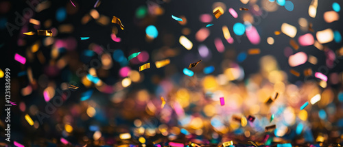Bright golden confetti overlay texture with colorful accents on a black background