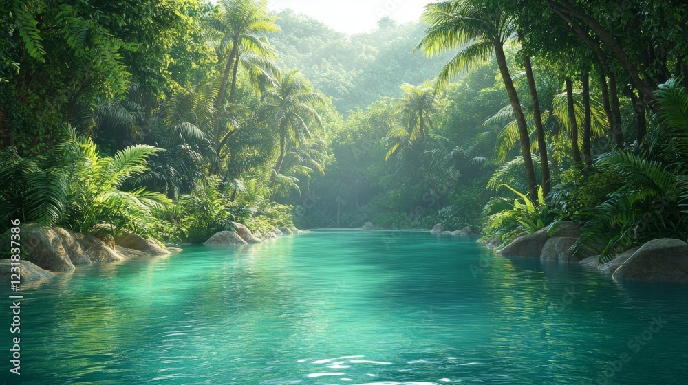 Naklejka premium Exploring tranquil river serenity amidst lush tropical forest nature photography landscape