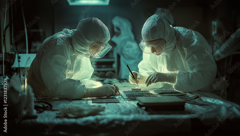 Photograph of scientists in protective suits working on microchips. Photograph of scientists in protective suits working on microchips.