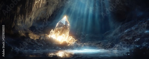 A shining crystal in a dark cave surrounded by spiritual energy streams and illuminating the cavea??s mystical beauty photo