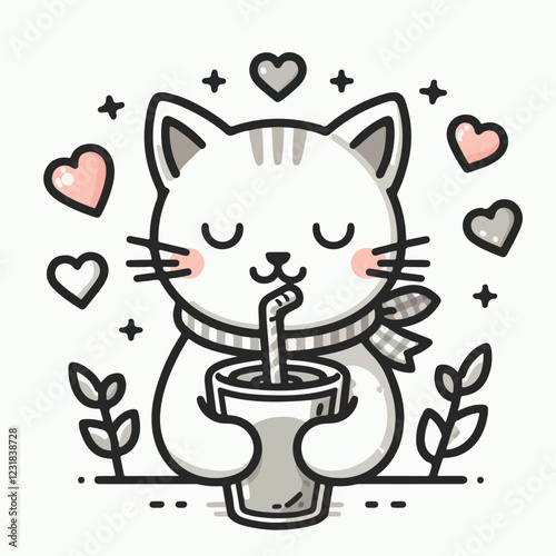 Cozy Cat with a Drink:  An adorable, line-art illustration of a cat with a scarf, sipping from a cup with a straw surrounded by hearts.