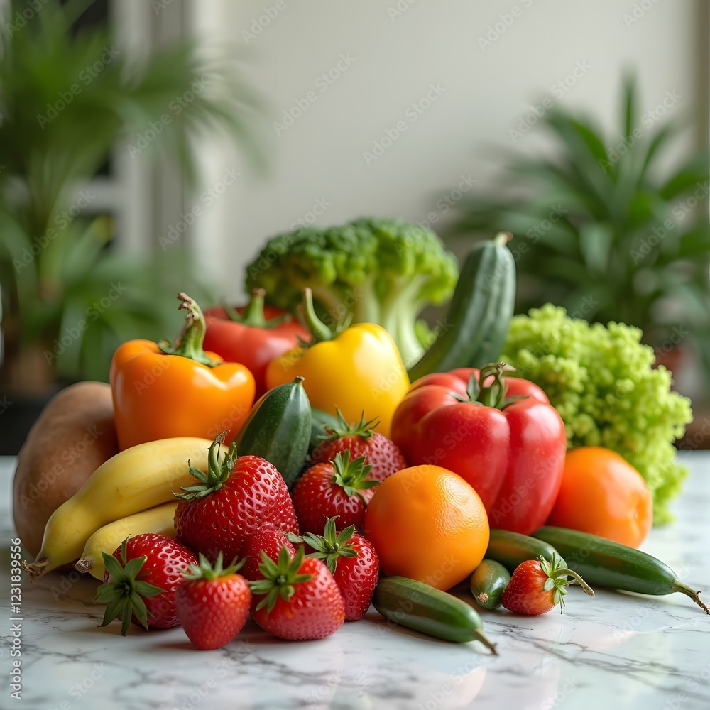 Bountiful Harvest Vibrant Fresh Produce on Luxurious Marble Bountiful Harvest Vibrant Fresh Produce on Luxurious Marble