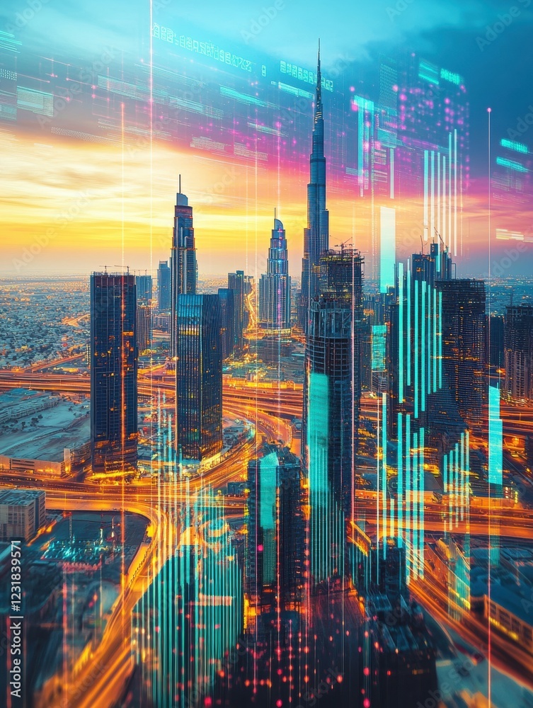 Naklejka premium Visualizing Holographic Financial Data Dubai Digital Art Urban Environment Aerial View Advanced Analytics