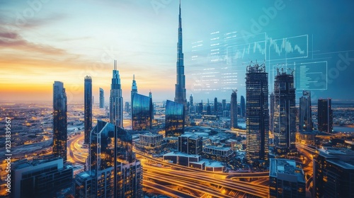 Visualize Holographic Financial Data in Dubai Data Presentation Urban Setting Futuristic Viewpoint Innovative Concept