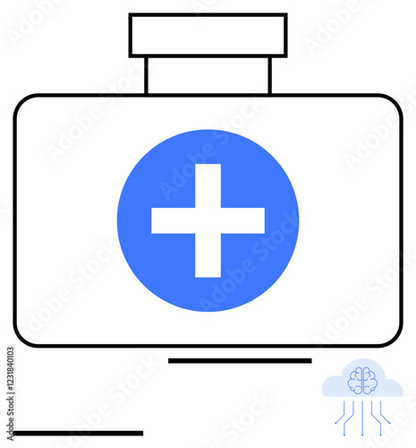 White first aid box with blue cross symbol, minimal design, and cloud with circuit lines. Ideal for healthcare, technology, telemedicine, emergencies, medical AI, innovation abstract line flat