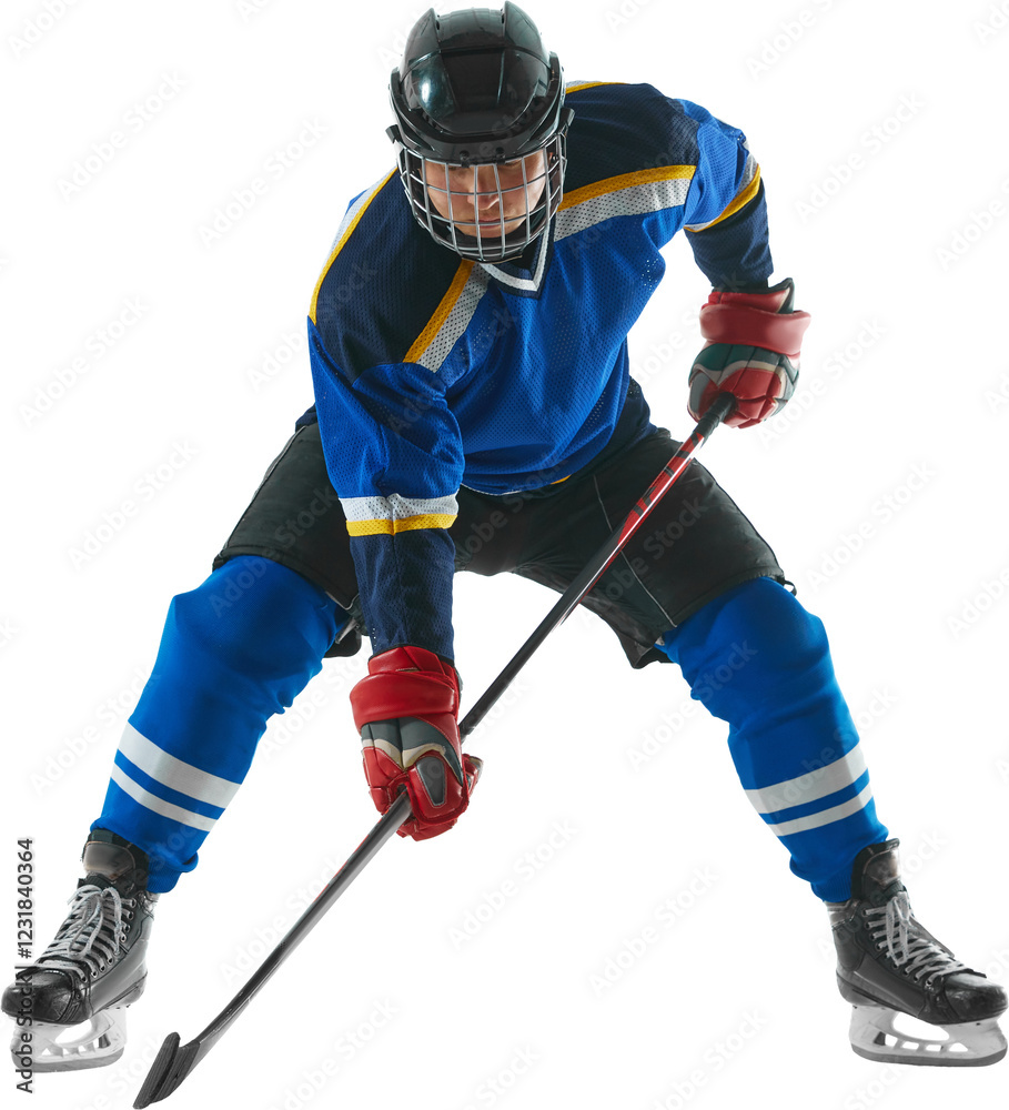 Obraz premium Hockey defender player. Young man hockey player in sports clothes and protect helmet with stick standing over transparent background. Concept of winter sports, competition 