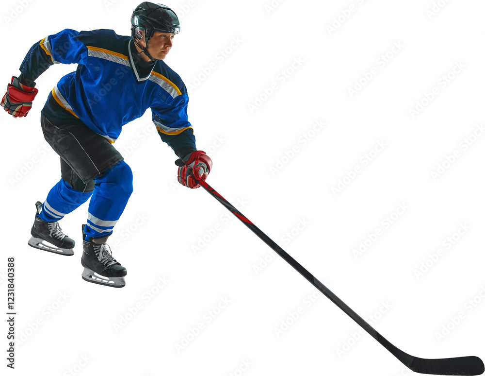 Fototapeta premium Professional hockey player in sports clothes and hockey equipment running with stick over transparent background. Concept of winter sports, competition 