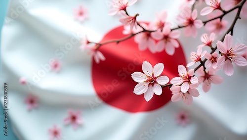 Cherry Blossom Branch with Folded Japanese Flag and Gradient Space for Text