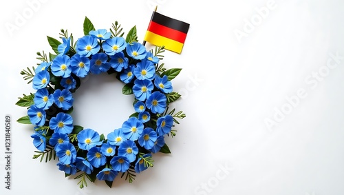 Blue Cornflower Wreath Beside German Flag with Ample Negative Space for Text