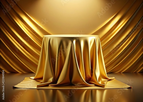 Golden luxurious fabric or cloth placed on top pedestal or blank podium shelf on gold background with luxury concept. Museum or gallery backdrops for product. 3D rendering.