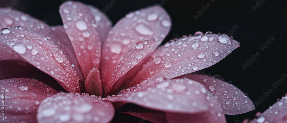 Fototapeta premium Dew-kissed petals glisten in stillness against a dark background