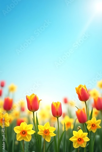 Tulips and Daffodils Blooming in Spring Meadow Under Clear Blue Sky