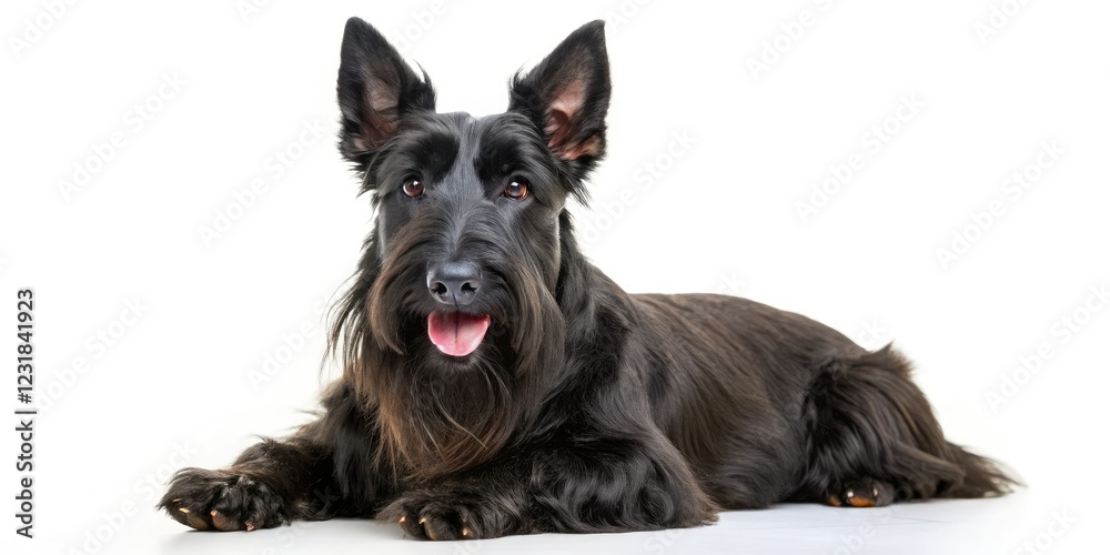 Fototapeta premium A charming black Scottie pup, sideways seated, perfectly captured in this adorable pet portrait.