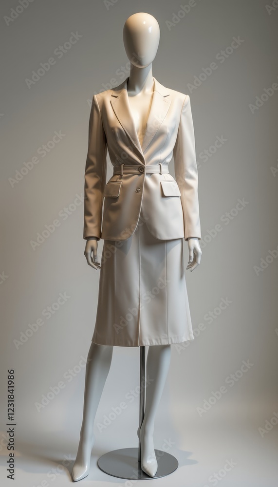 Elegant beige suit with matching skirt on mannequin set against a neutral backdrop Elegant beige suit with matching skirt on mannequin set against a neutral backdrop