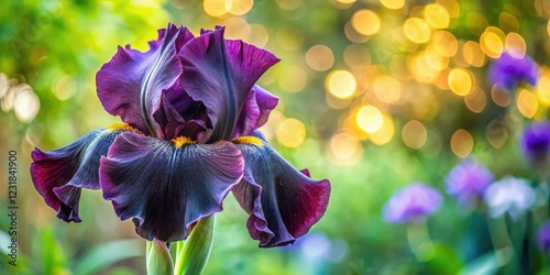 A captivating close-up reveals a dark purple, almost black, bearded iris, its musky fragrance hinted at in the image. photo