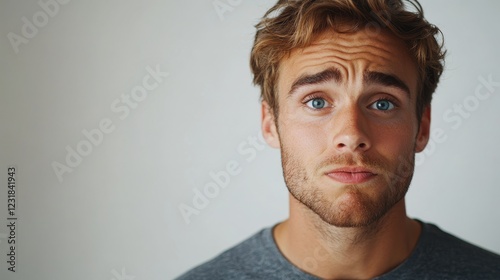 abstract portrait of young man with emotion of excitement on white background, copy space photo