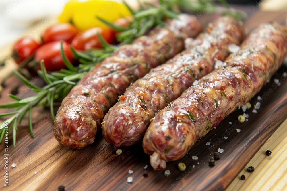 Juicy grilled sausages seasoned with fresh rosemary and spices, presented on a rustic wooden board with cherry tomatoes and bell pepper