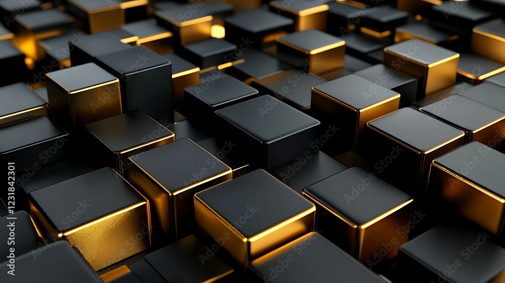 Fototapeta premium Abstract gold and black cubes background texture, 3D render