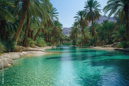 A remote desert oasis with palm trees and a clear blue pool of water, the lush greenery a stark contrast to the surrounding arid landscape.