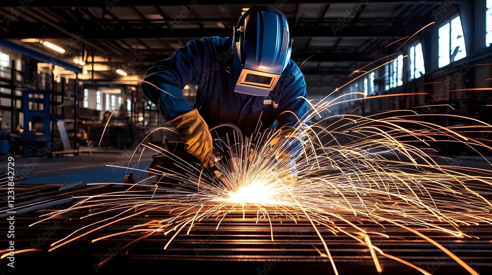 Highly skilled welder forging and shaping metal with bright golden sparks illuminating the dark industrial workshop Highly skilled welder forging and shaping metal with bright golden sparks illuminating the dark industrial workshop