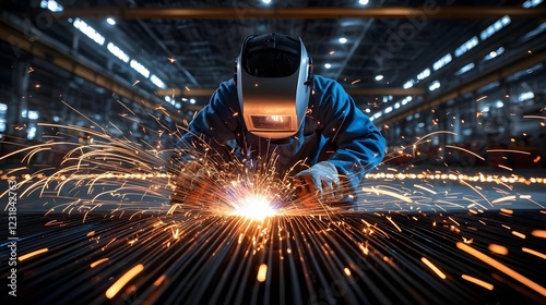 Skilled welder intensely focused using precise welding techniques to craft a massive metal structure amidst a shower of glowing sparks in an industrial shipbuilding or manufacturing setting