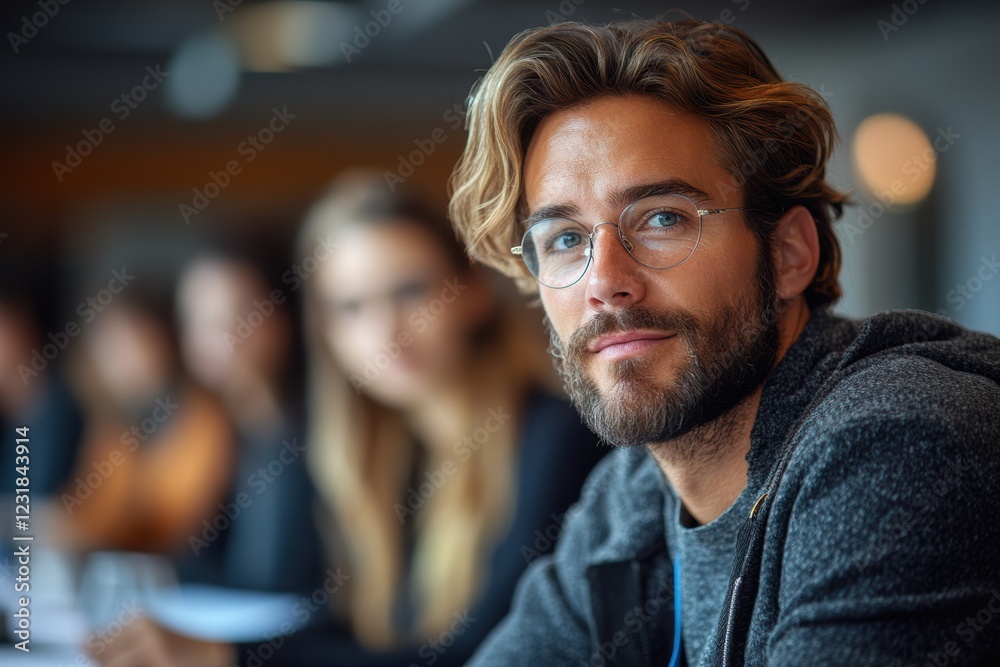 A focused young man with glasses sits in a modern meeting room, highlighting contemporary work culture and collaboration in a team setting. A focused young man with glasses sits in a modern meeting room, highlighting contemporary work culture and collaboration in a team setting.