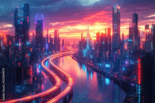 A river of light winding through a futuristic cityscape, illuminating the towering structures around it.